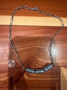 NWOT 17” Sterling Silver Paperclip Chain Necklace with Etched Barrel Beads